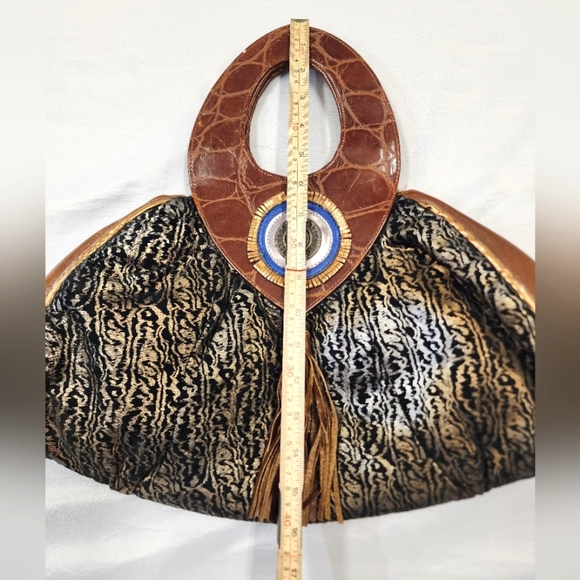 Women's Metallic Copper Brown Mixed Material Ethnic Ornate Sturdy Hand Purse Bag - Picture 14 of 16